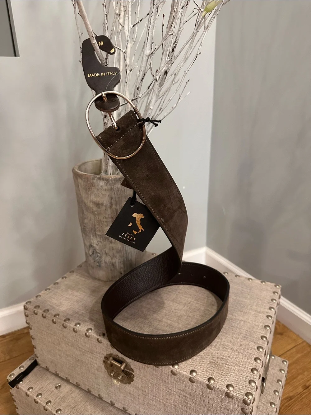 Italian-Made Brown Suede Women’s Belt with Gold Ring Buckle